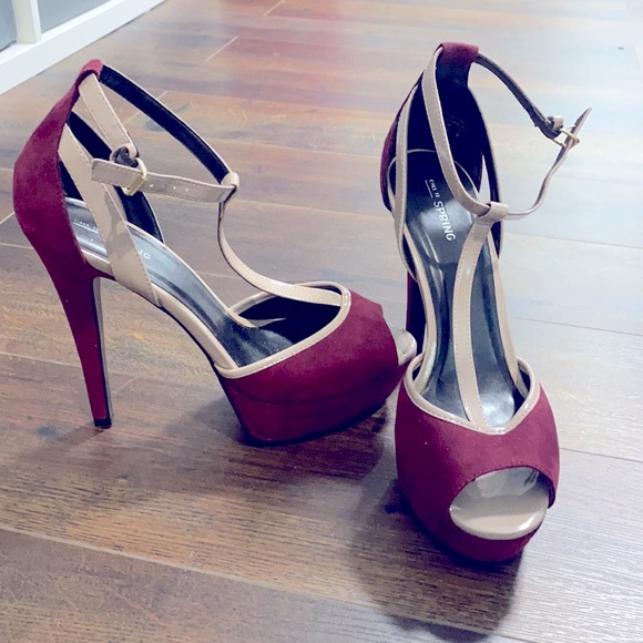 Platform Pumps. Wine pump with blush straps. - Picture 2 of 6
